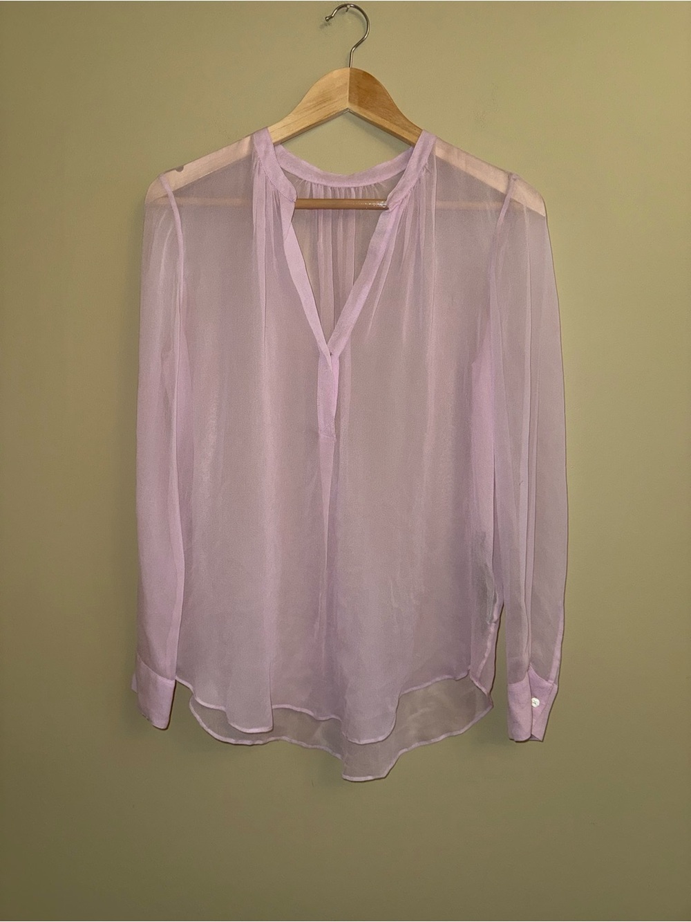 Raquel Allegra 100% Silk Lavender Sheer Long Sleeve Button Top 1 Small Elegant